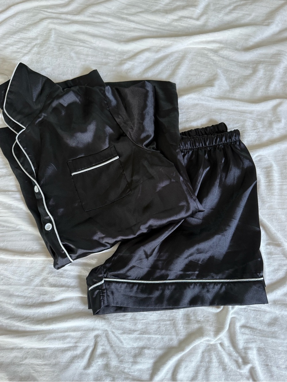 Women's Black Satin Pajama Set with Contrast Piping